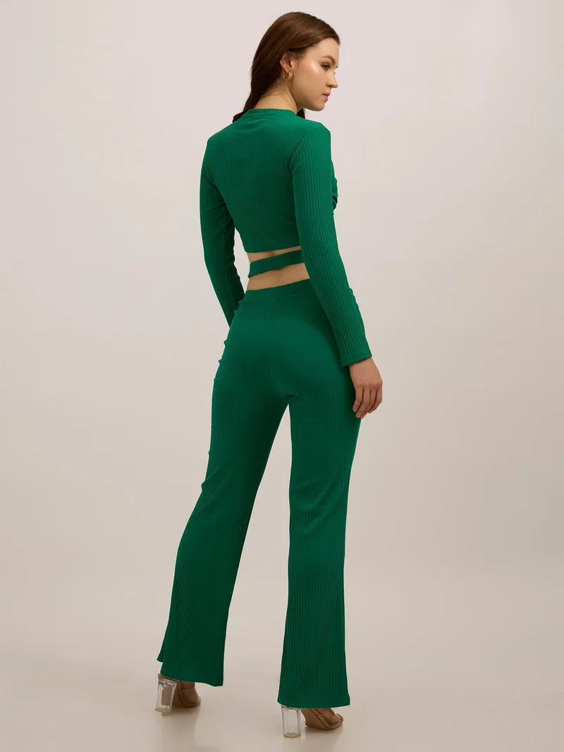 Outzidr  Green Fitted Rib Top with Fit & Flare Pants for Women | Best Price UAE